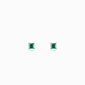 Silver Emerald Green Square Stud Earrings