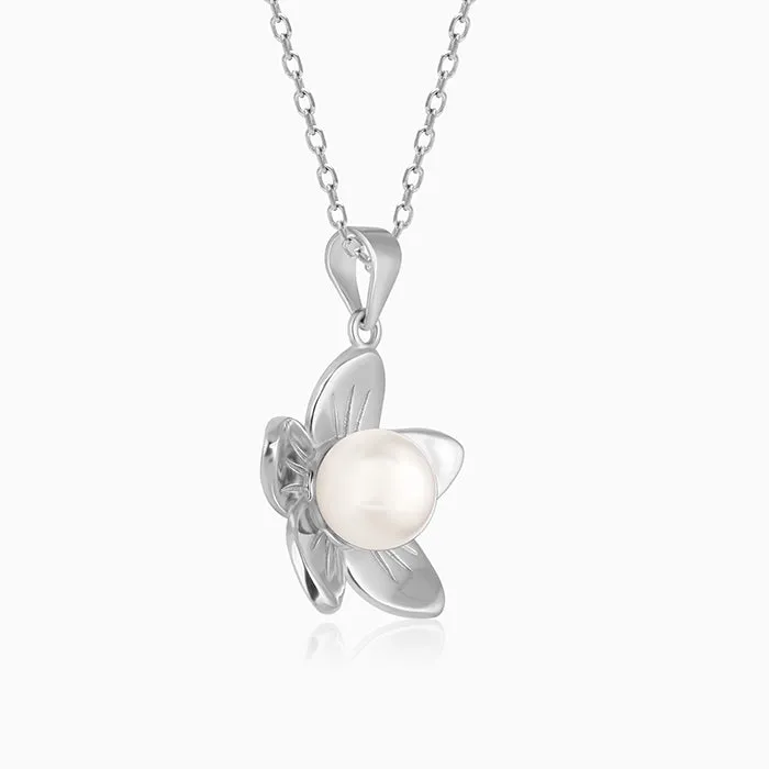 Silver Floral Pearl Pendant with Link Chain