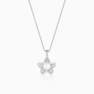 Silver Floral Pearl Pendant with Link Chain