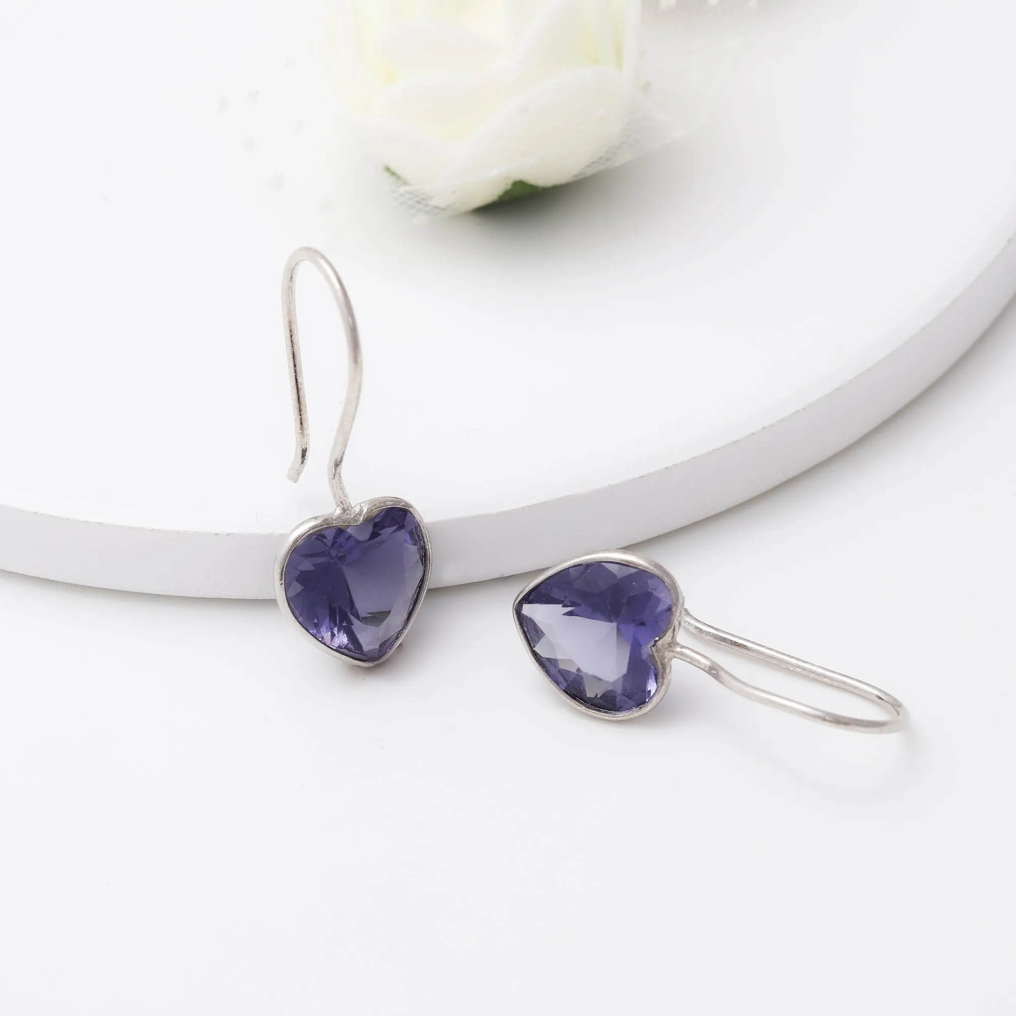 Silver Ornate Purple Heart Earrings