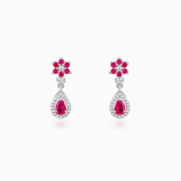 Silver Pink Flower Mini Drop Earrings