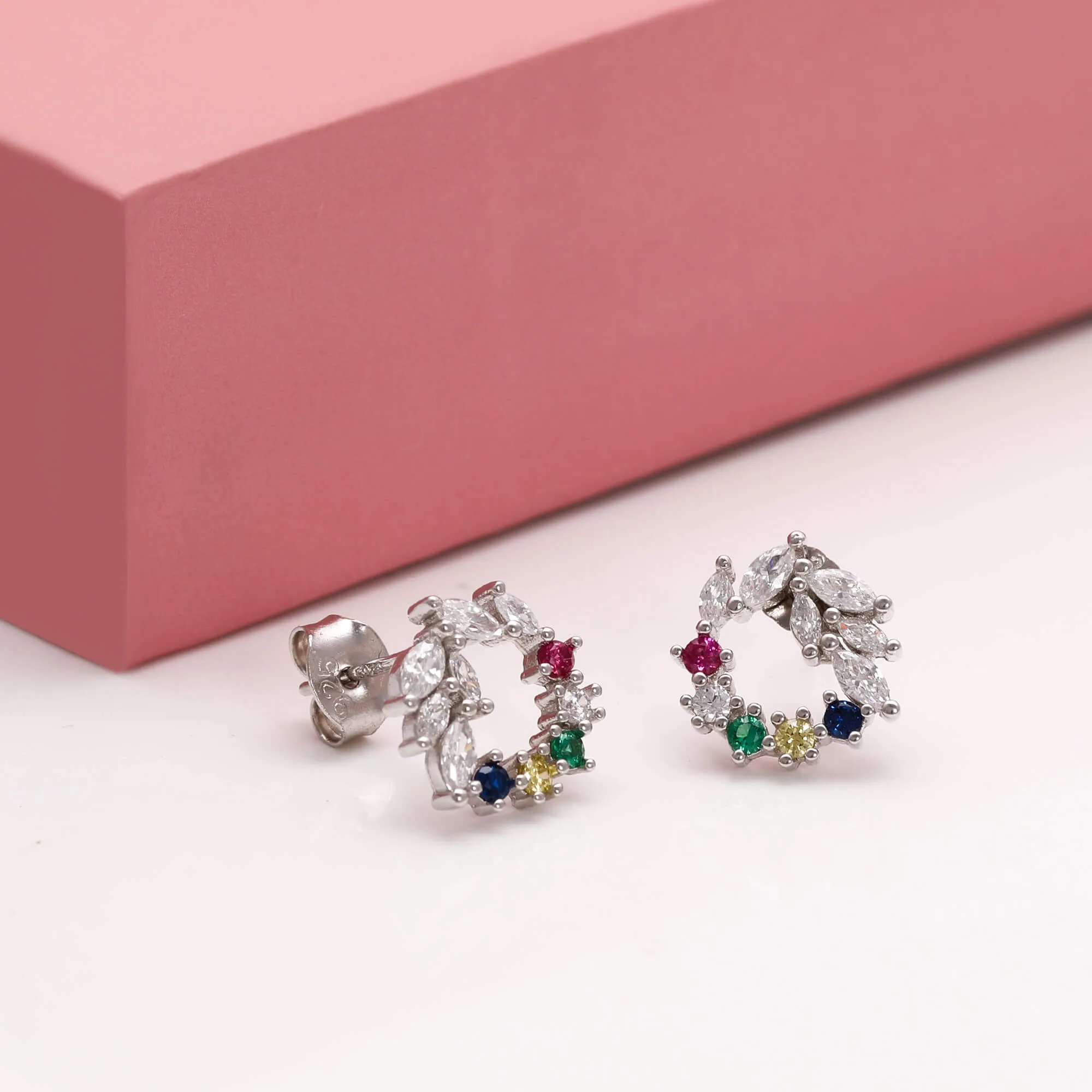 Silver Rainbow Wreath Stud Earrings