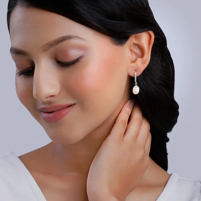 Silver White Pearl Drop Earrings