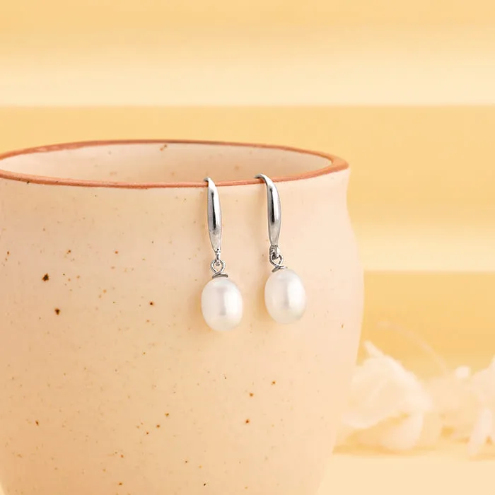Silver White Pearl Drop Earrings