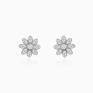 Silver Zircon Blooming Flower Earrings