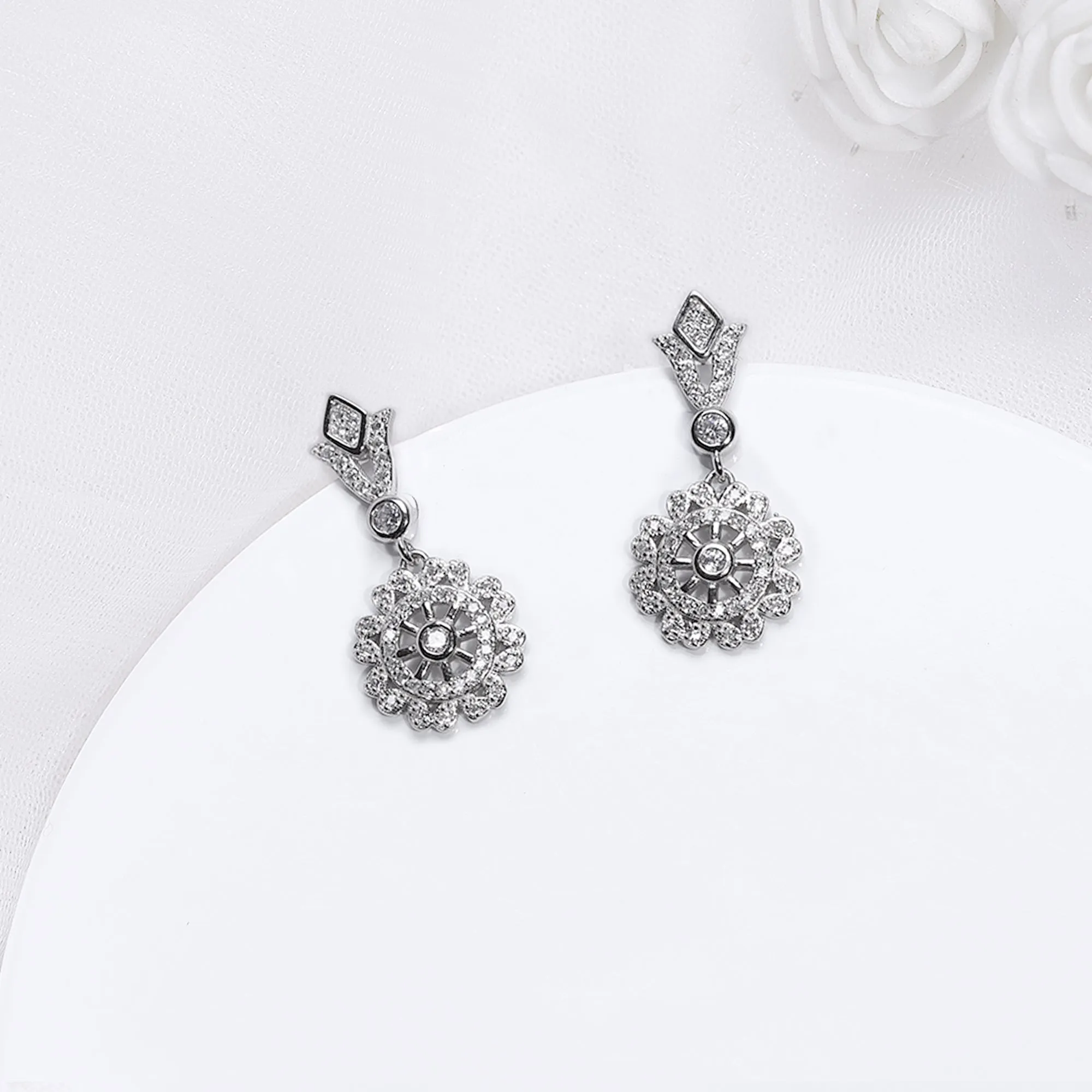 Silver Zircon Flower Drop Earrings