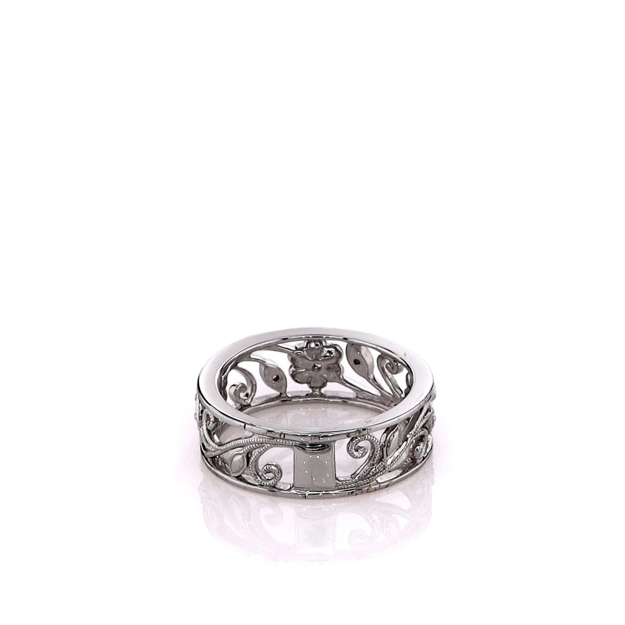 Simon G. 18k White Gold Floral and Leaf Design Open Work Diamond Band