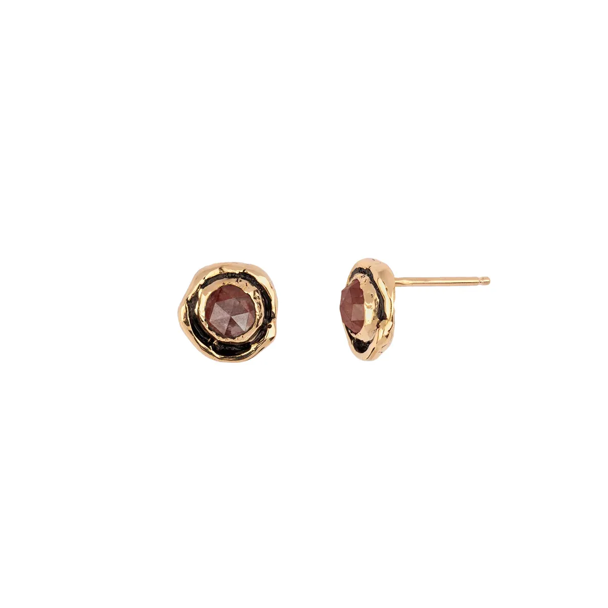 Small Cognac Rustic Diamond Faceted Stone 14K Gold Stud