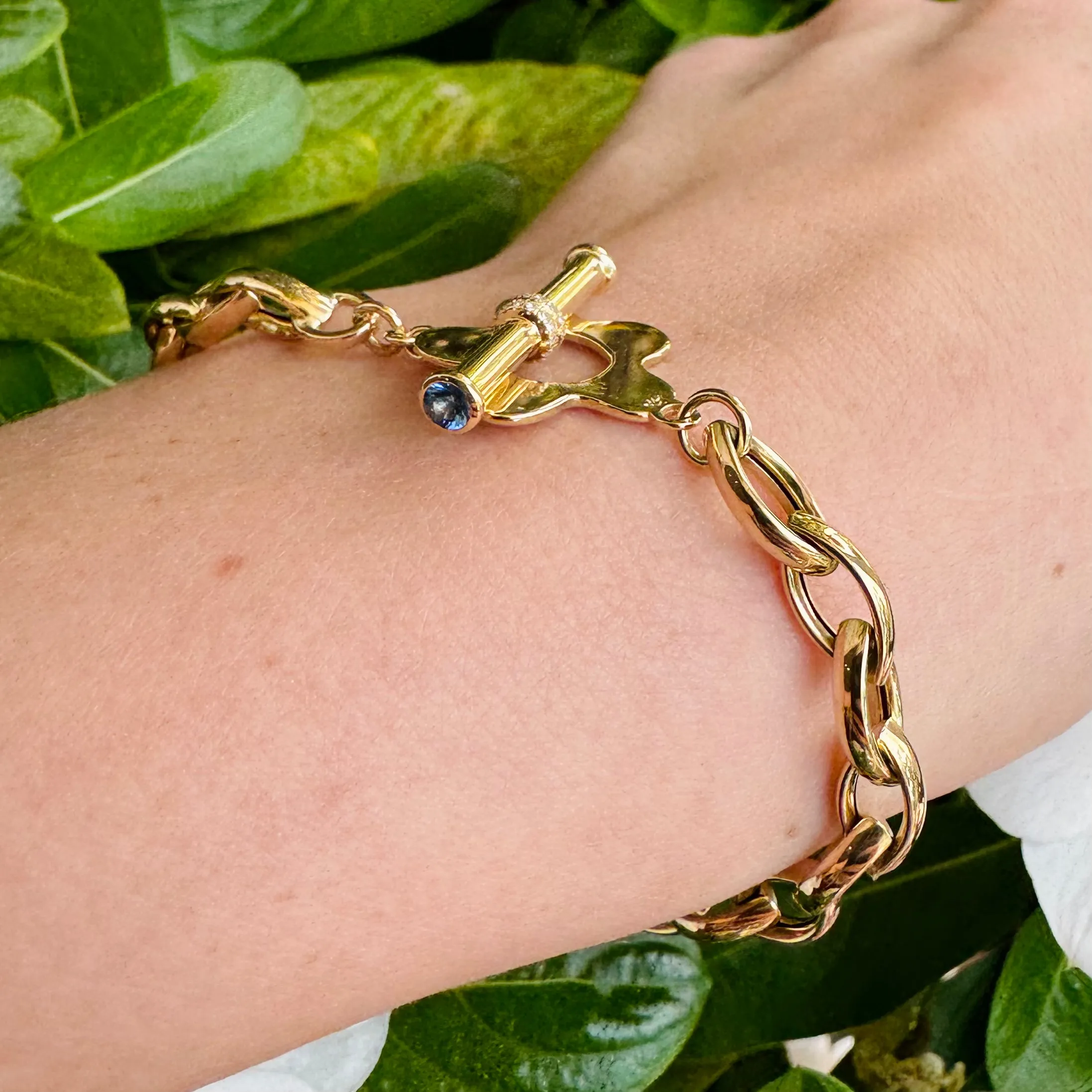 Small Oval Link Bracelet with Blue Sapphire & Diamond Toggle Clasp