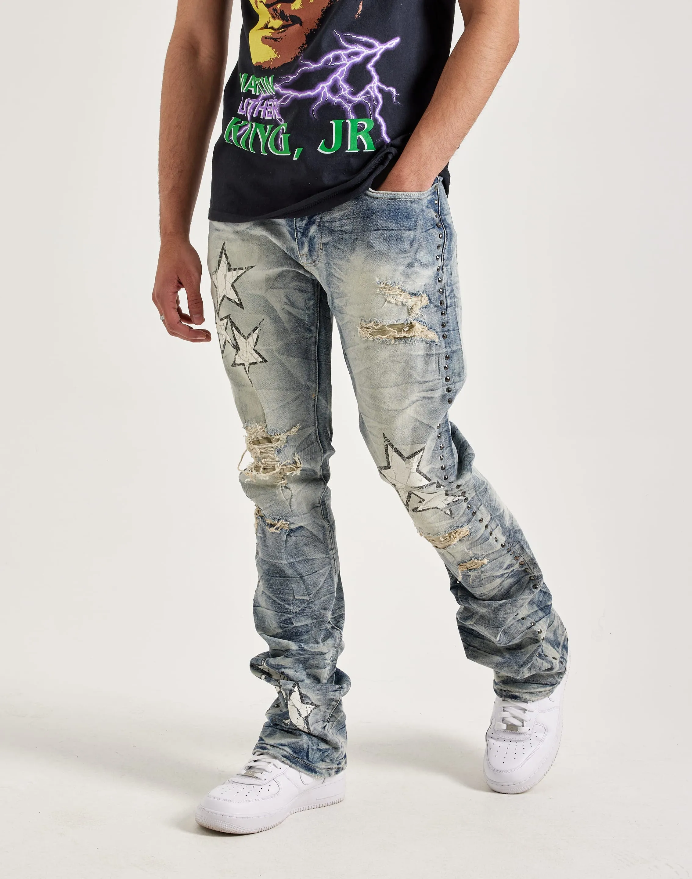 Fashion accessories Smoke Rise Studded Star Stacked Flare Jeans Preppy style items