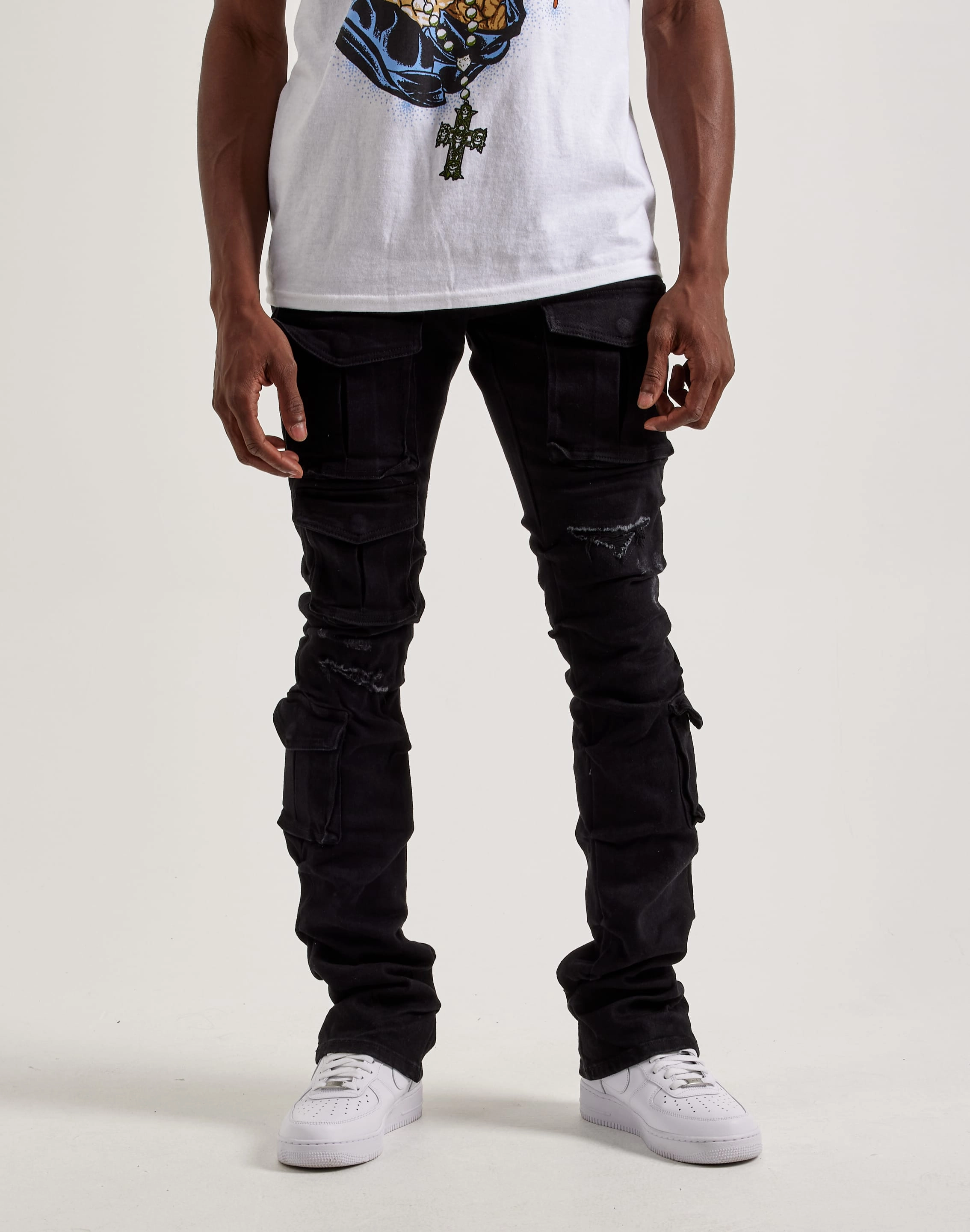 Smoke Rise Utility Pocket Stacked Flare Denim Jeans Suede - finished fashion Fashion for all body types