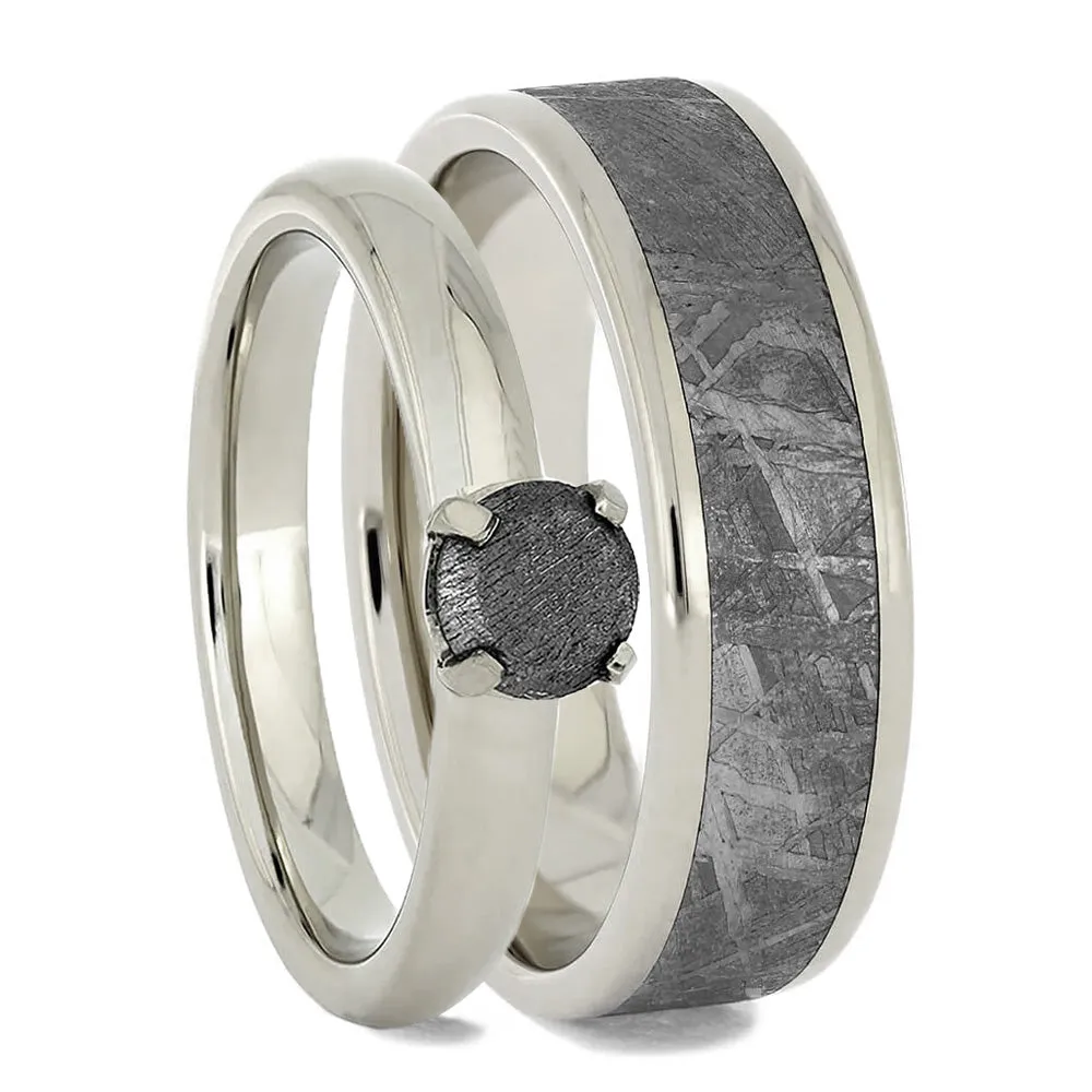 Solid White Gold Meteorite Wedding Ring Set