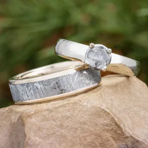 Solid White Gold Meteorite Wedding Ring Set
