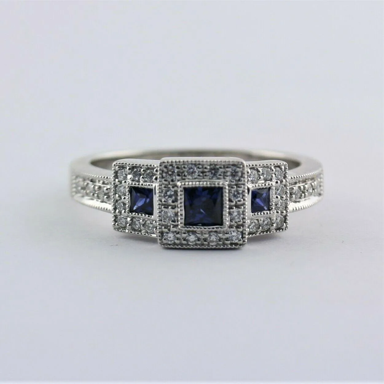 Square Halo Sapphire and Diamond Three Stone Ring 14K White Gold