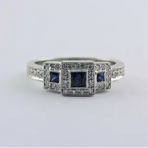 Square Halo Sapphire and Diamond Three Stone Ring 14K White Gold