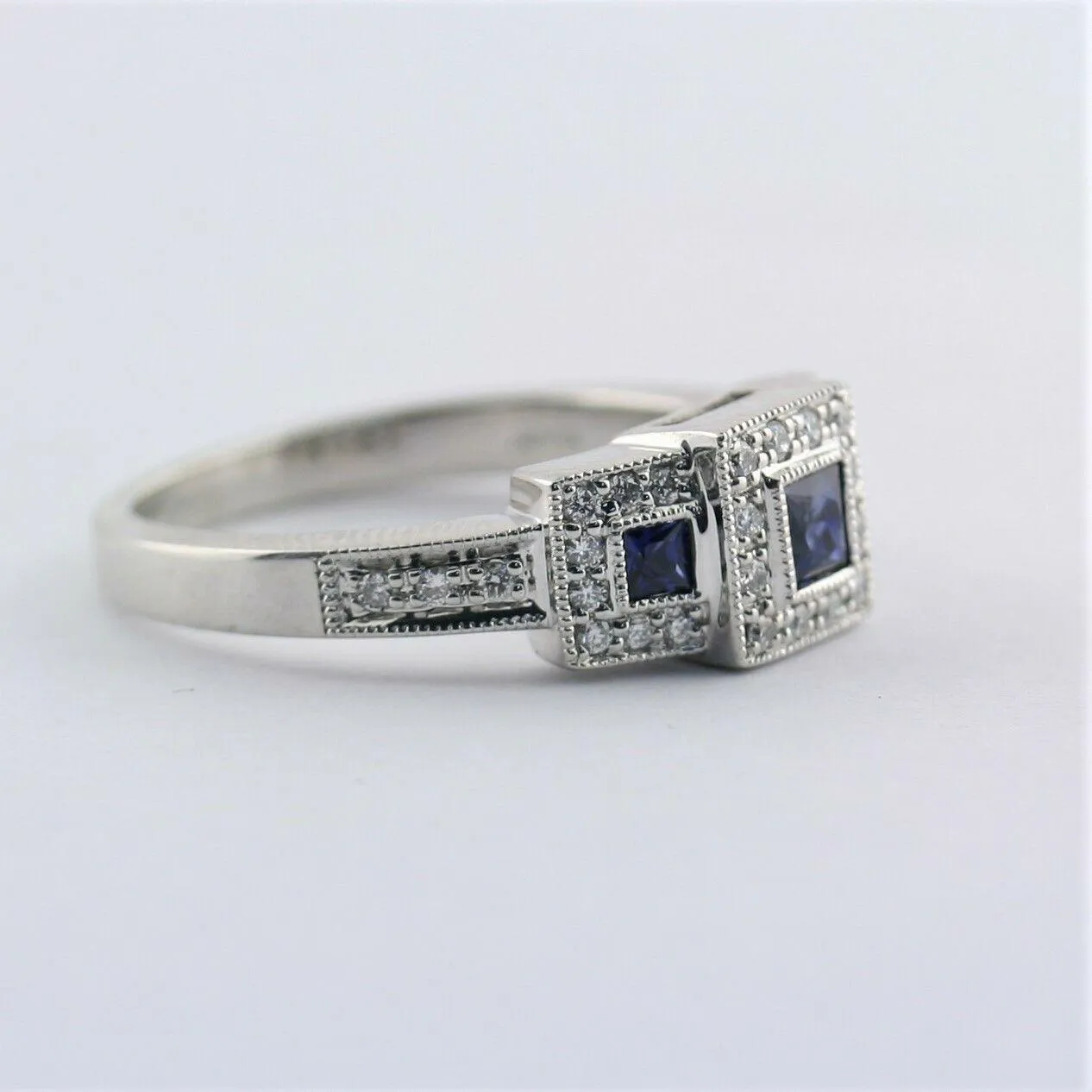 Square Halo Sapphire and Diamond Three Stone Ring 14K White Gold