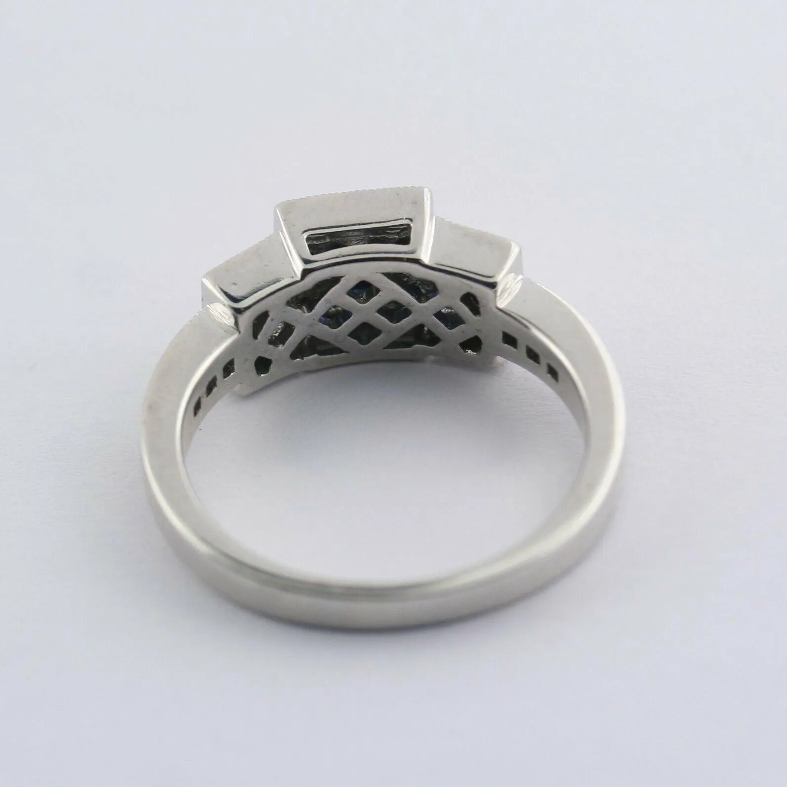 Square Halo Sapphire and Diamond Three Stone Ring 14K White Gold