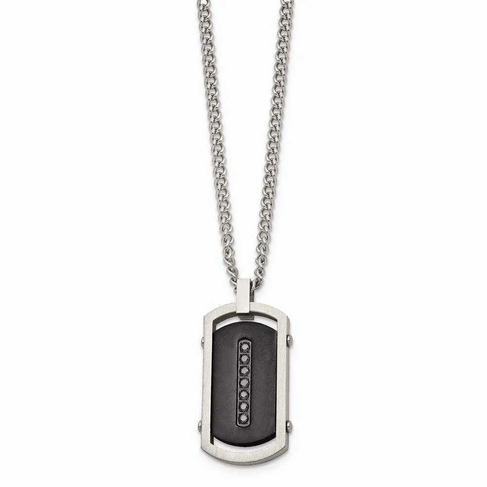 Stainless Steel Brushed/Polished Black IP Center Black CZ Tag Necklace