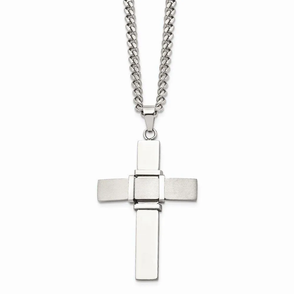 Stainless Steel Polished and Brushed Cross Necklace