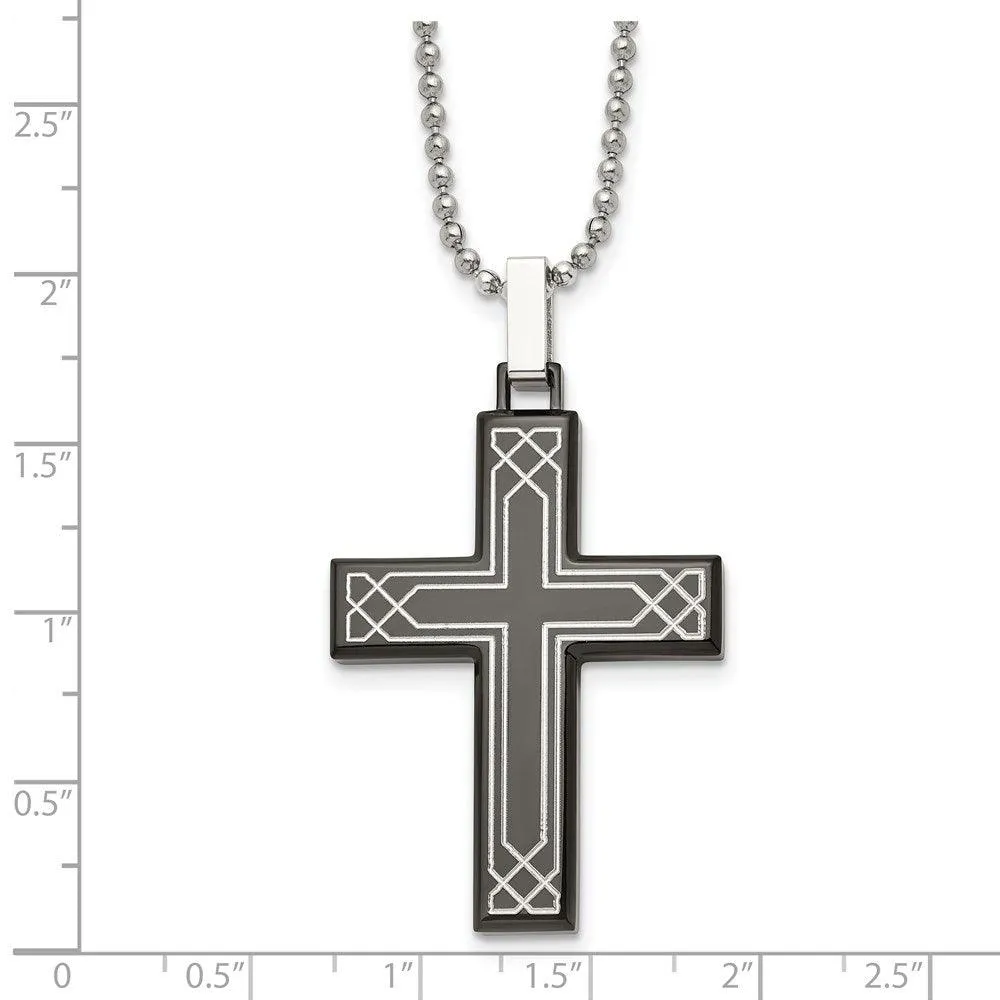 Stainless Steel Polished Laser Etched Black IP Cross Necklace