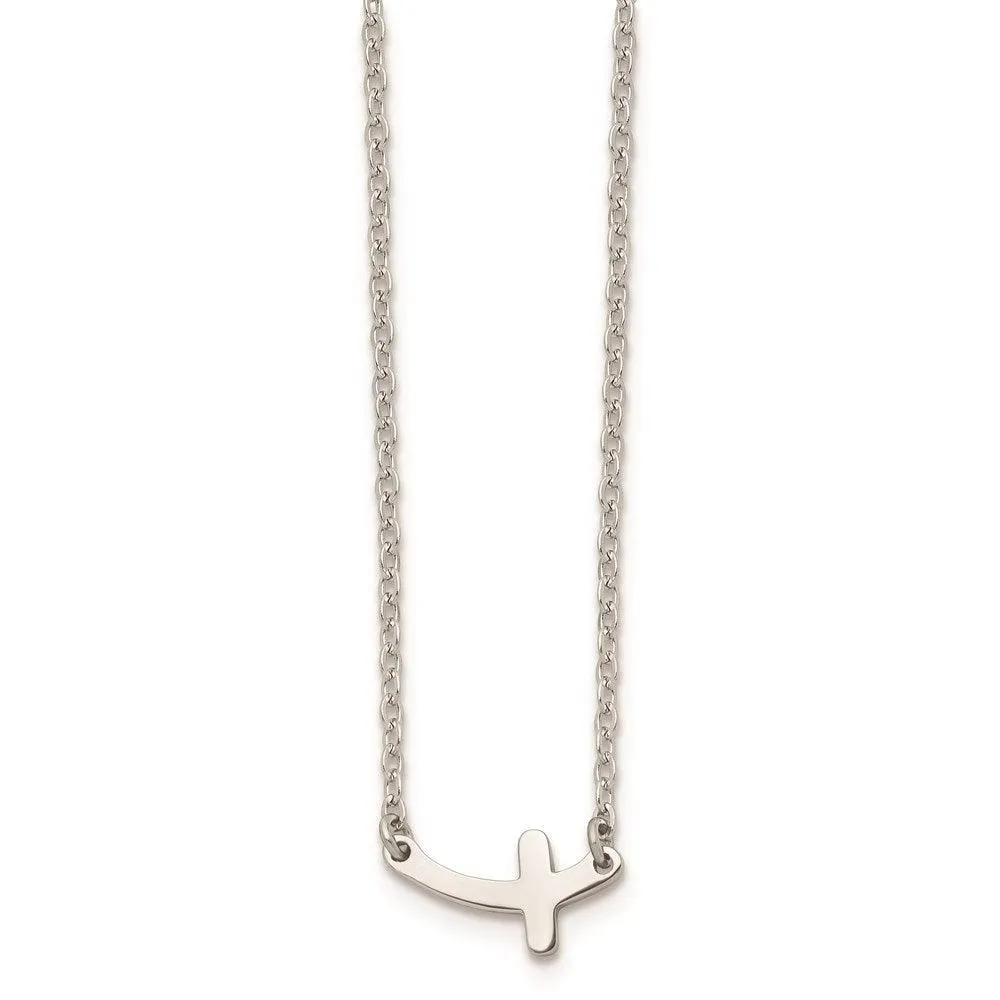 Stainless Steel Polished Sideways Cross 18in Necklace