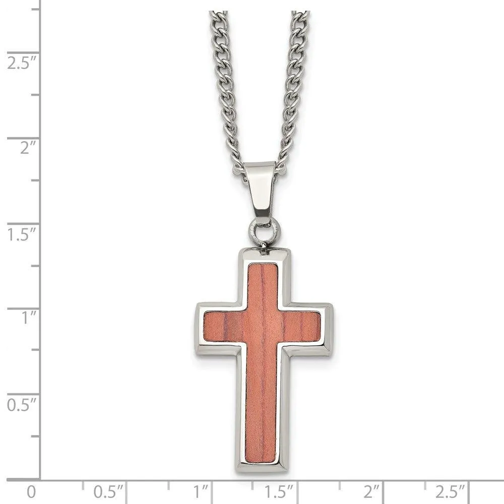 Stainless Steel Polished Wood Inlay Cross Necklace
