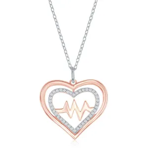 Sterling Silver Shiny and CZ Open Heart & Center Heartbeat Necklace - Rose Gold Plated