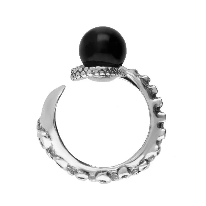 Sterling Silver Whitby Jet Bead Swirl Tentacle Ring