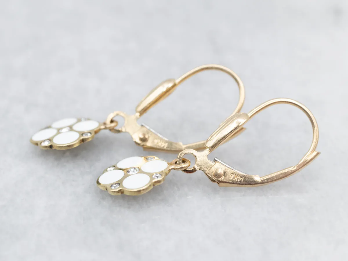 Sweet Yellow Gold White Enamel and Diamond Flower Drop Earrings