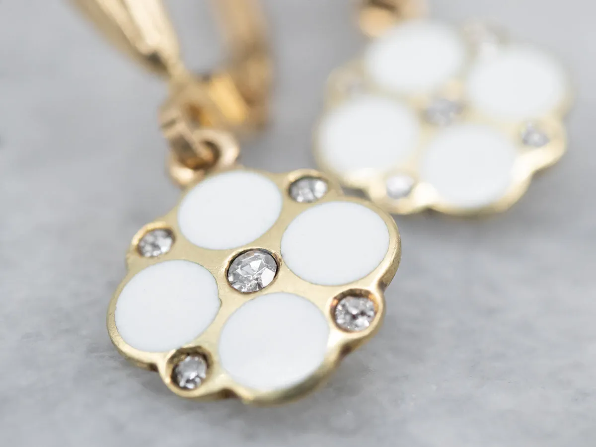 Sweet Yellow Gold White Enamel and Diamond Flower Drop Earrings