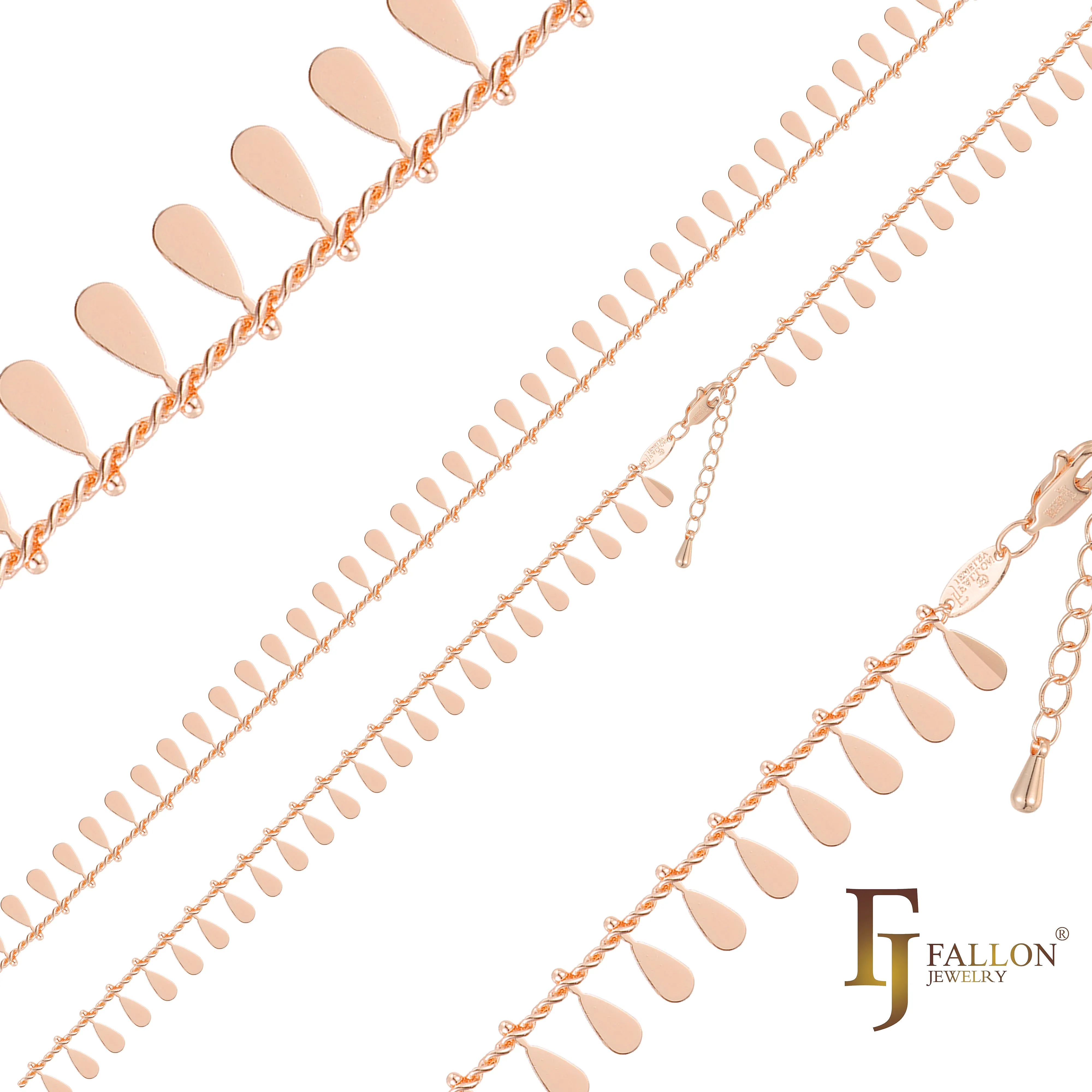 Teardrop glossy link anklet chains plated in 14K Gold, Rose Gold