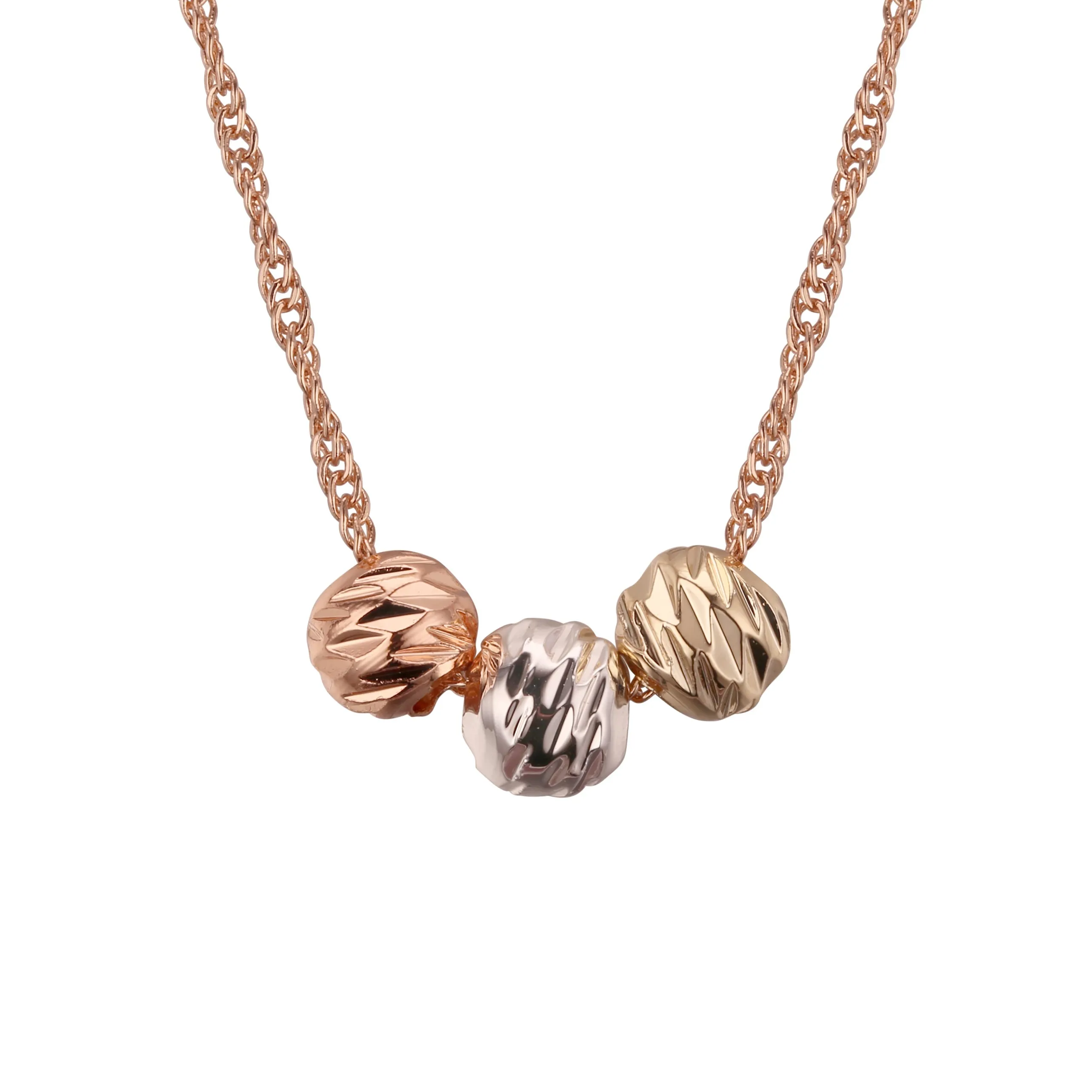 Three beads necklaces plated in White Gold, 14K Gold, Rose Gold, three tone