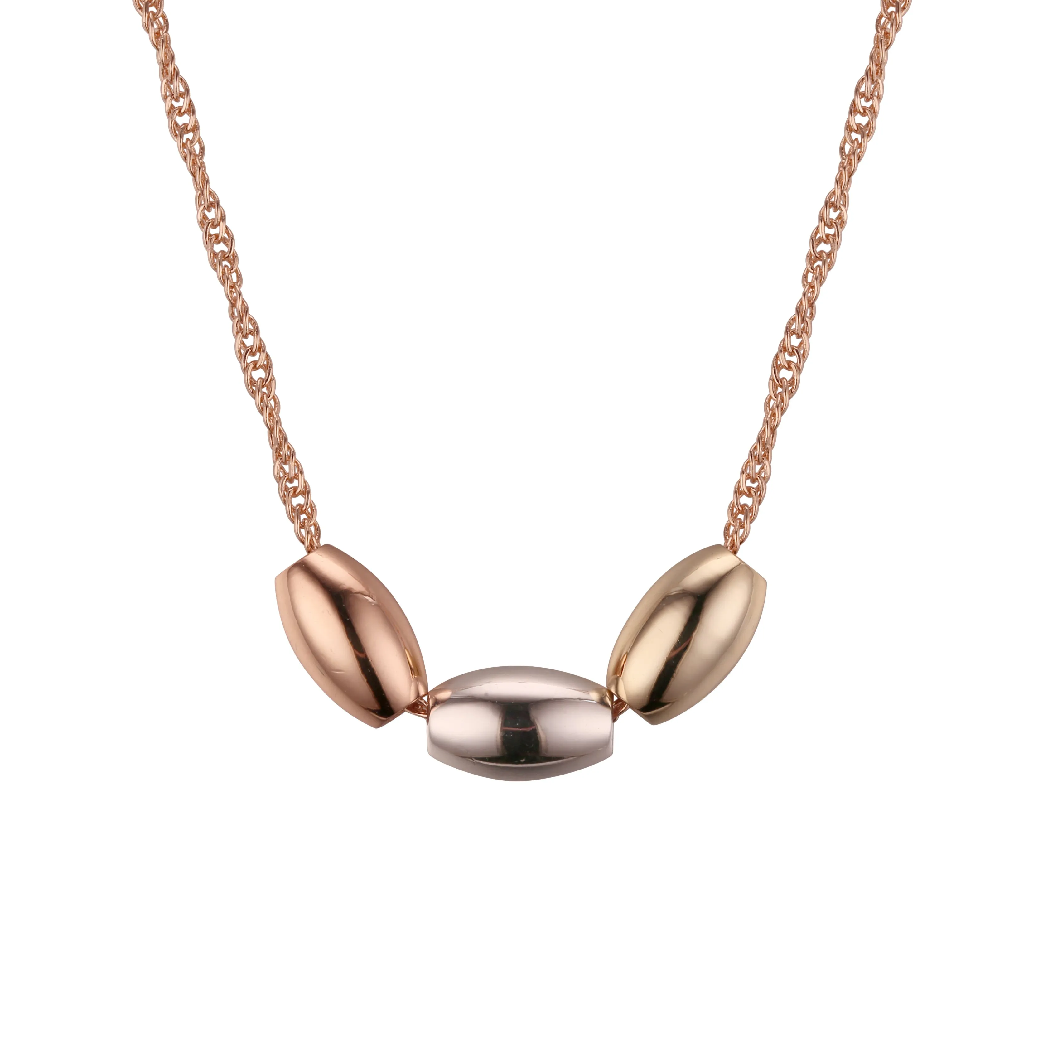 Three glossy bucket beads necklaces plated in White Gold, 14K Gold, Rose Gold, three tone