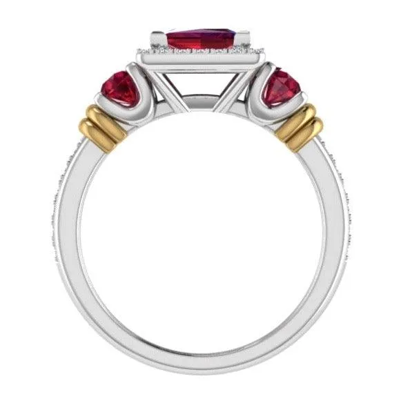Three Stone Ruby and Diamond Halo Ring 14K Gold