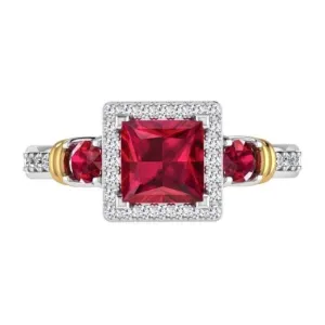 Three Stone Ruby and Diamond Halo Ring 14K Gold