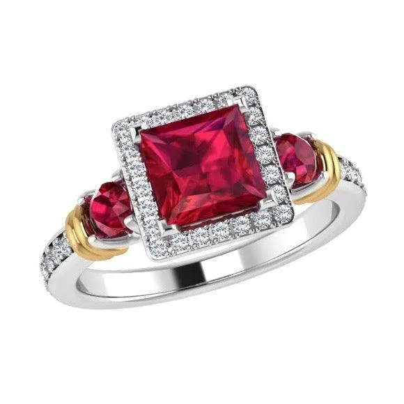 Three Stone Ruby and Diamond Halo Ring 14K Gold