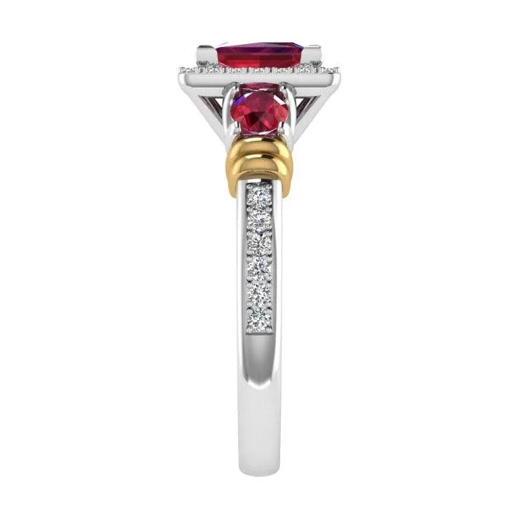 Three Stone Ruby and Diamond Halo Ring 14K Gold