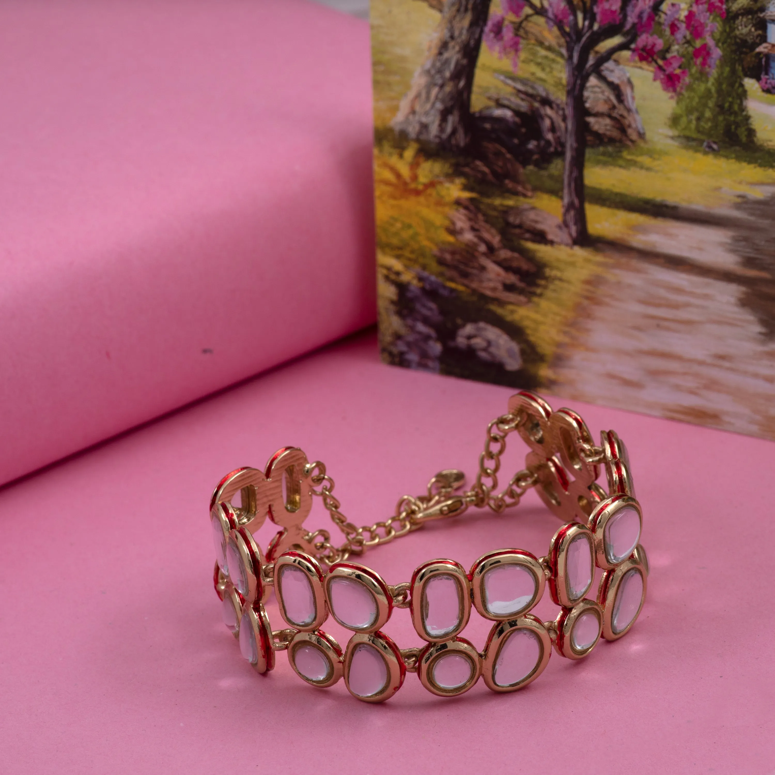 Traditional Gold Tone Kundan Double line Wrap bracelet (adjustable)
