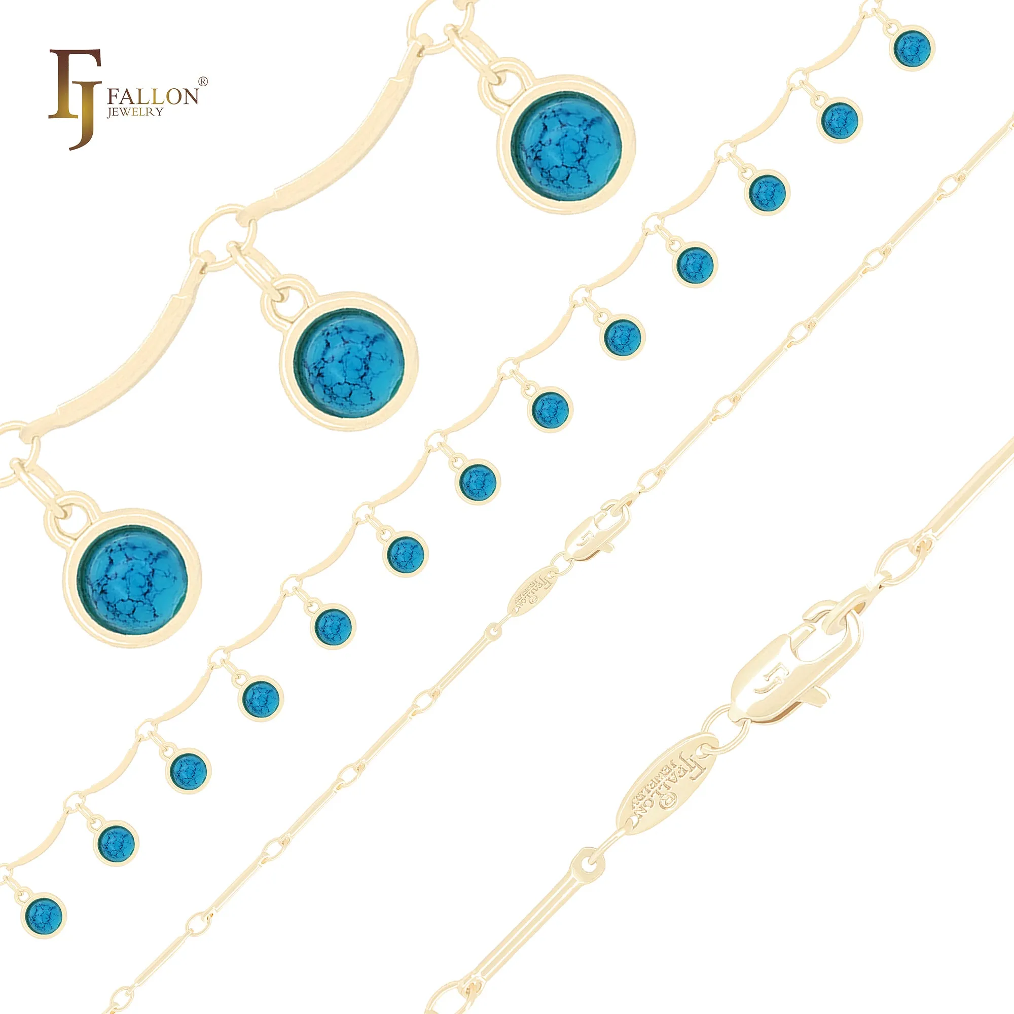Turquoise cluster drop fancy link 14K Gold Chain Anklet Bracelets