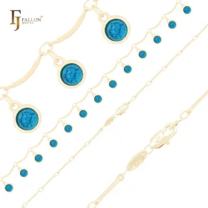 Turquoise cluster drop fancy link 14K Gold Chain Anklet Bracelets