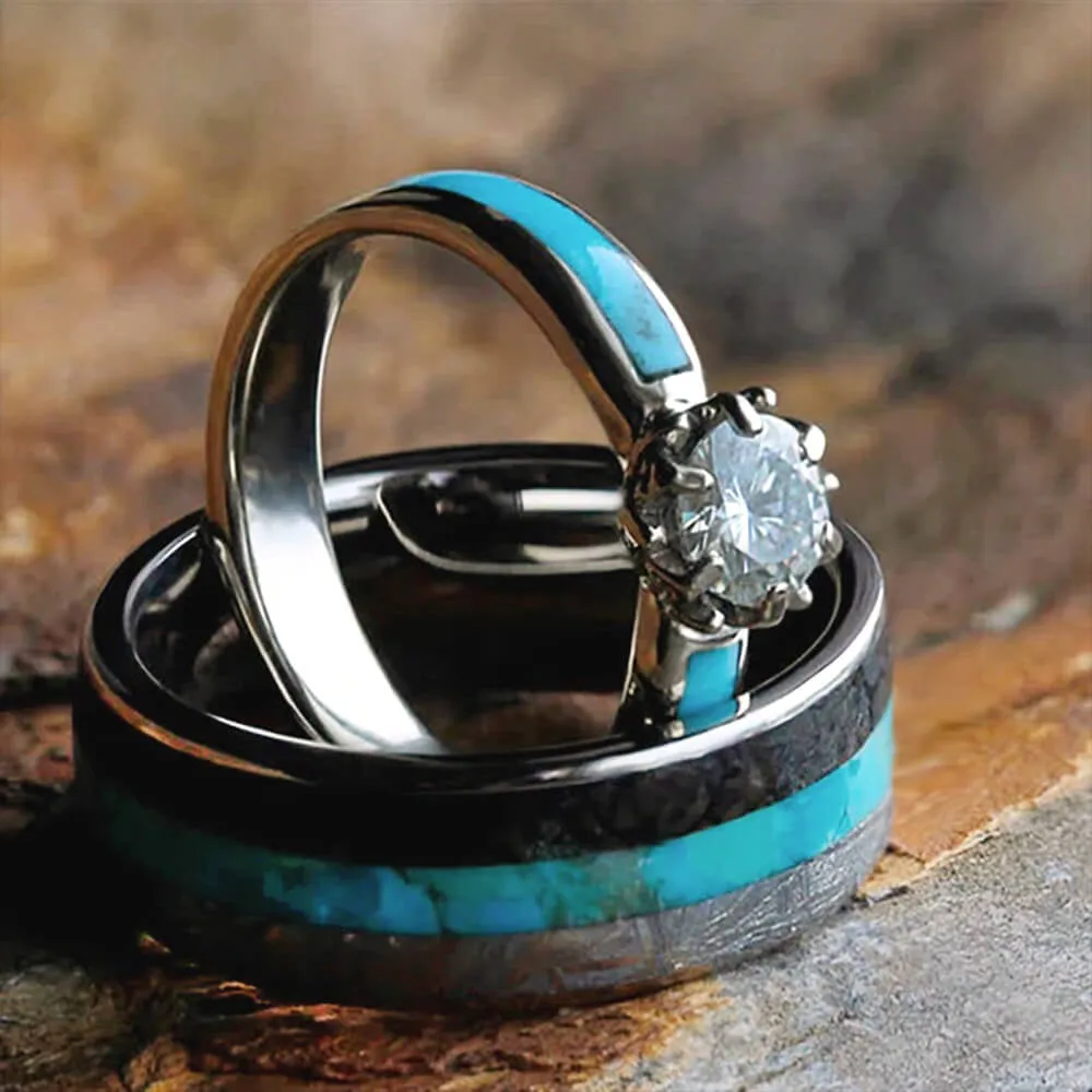 Turquoise Couples Rings with Lotus Prong Engagement Ring