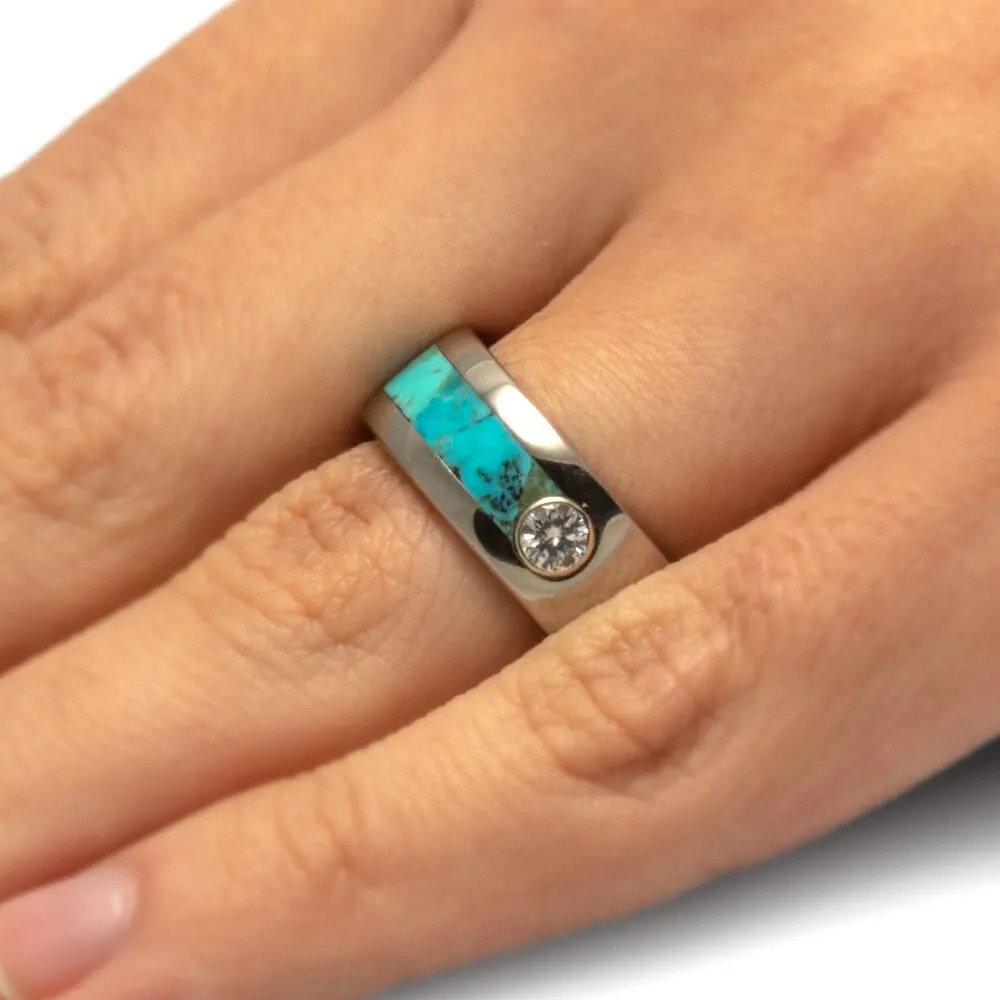 Turquoise Wedding Band Set with Moissanite in Titanium