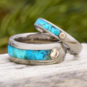 Turquoise Wedding Band Set with Moissanite in Titanium