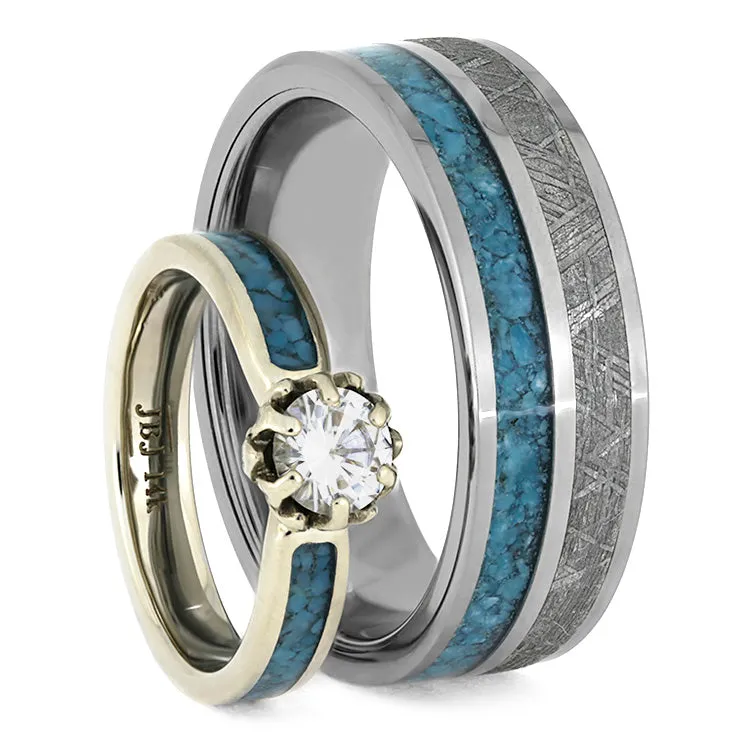 Turquoise Wedding Ring Set, Floral Engagement Ring With Meteorite Wedding Band