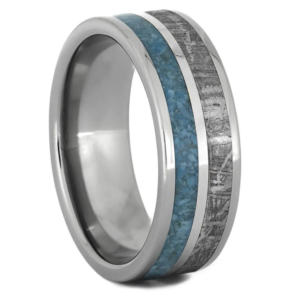 Turquoise Wedding Ring Set, Floral Engagement Ring With Meteorite Wedding Band