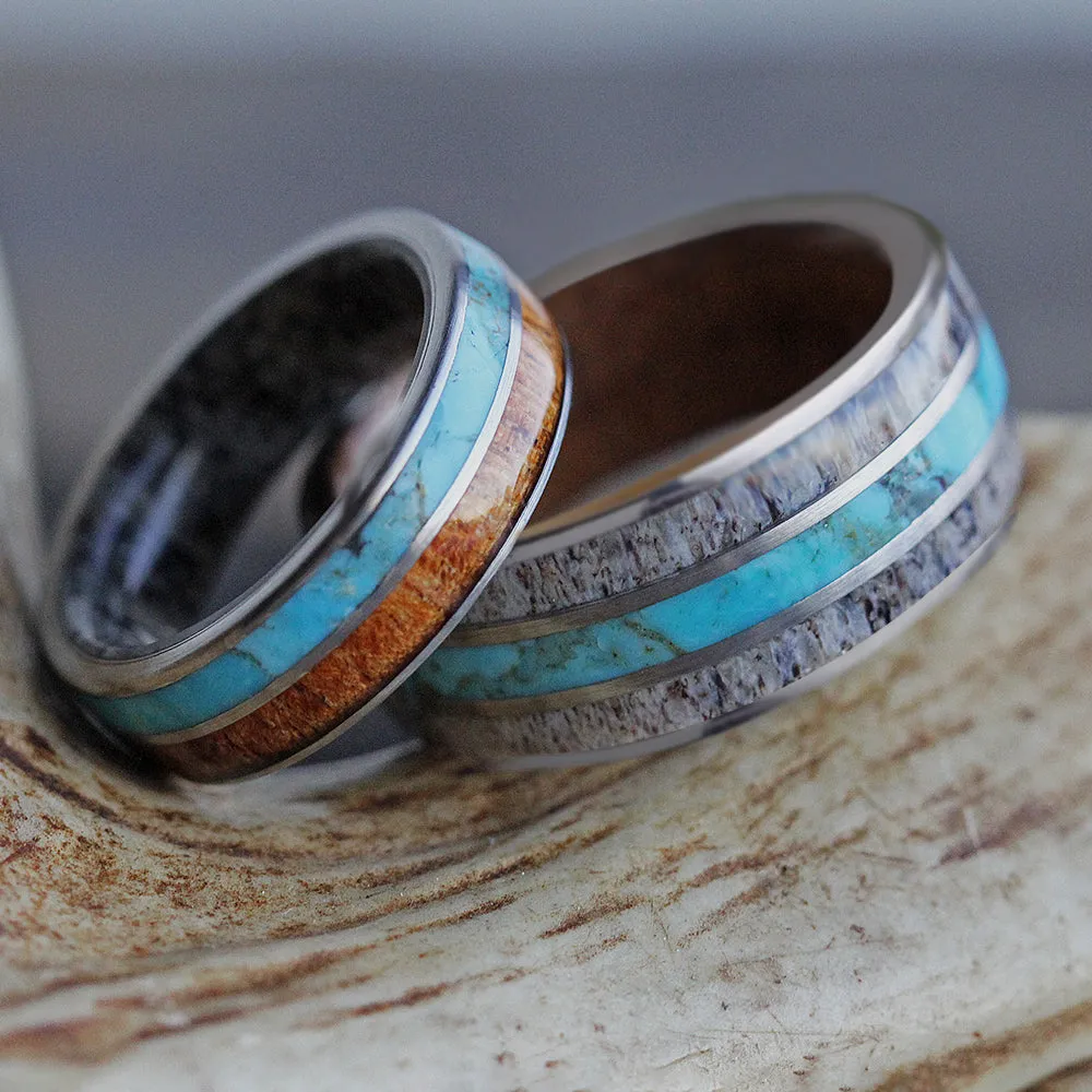 Turquoise Wedding Ring Set with Antler and Wood