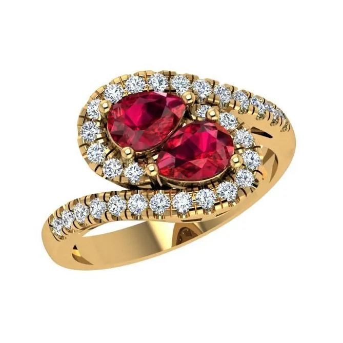 Twin Pear Rubies Diamond Ring 14K Gold Wave Band