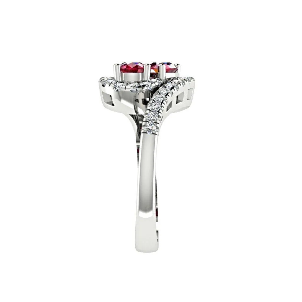 Twin Pear Rubies Diamond Ring 14K Gold Wave Band