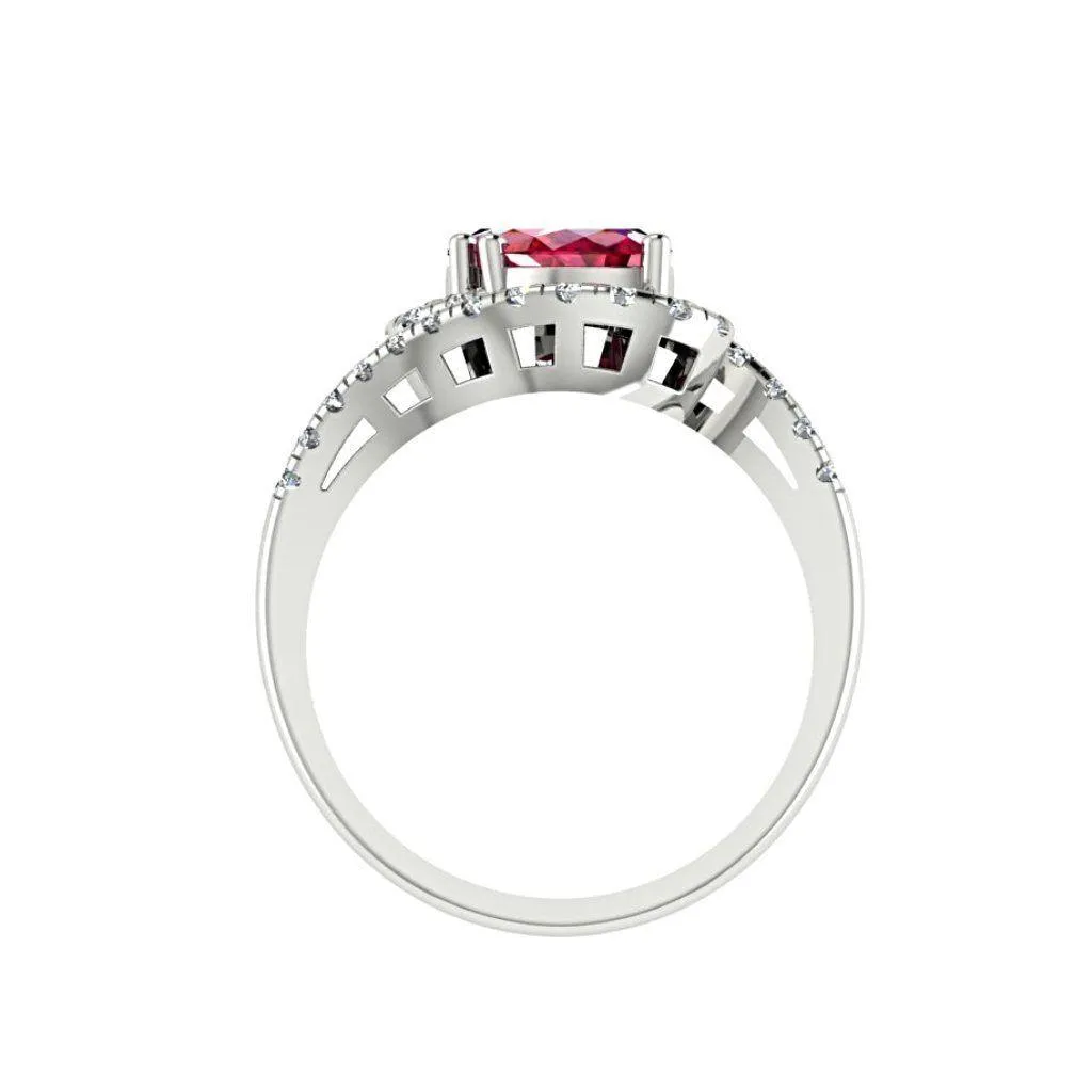 Twin Pear Rubies Diamond Ring 14K Gold Wave Band