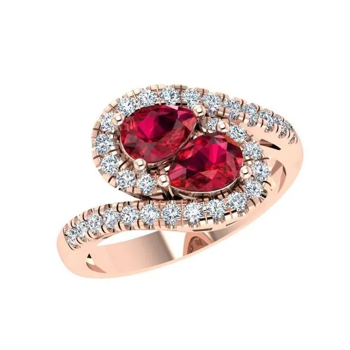 Twin Pear Rubies Diamond Ring 14K Gold Wave Band